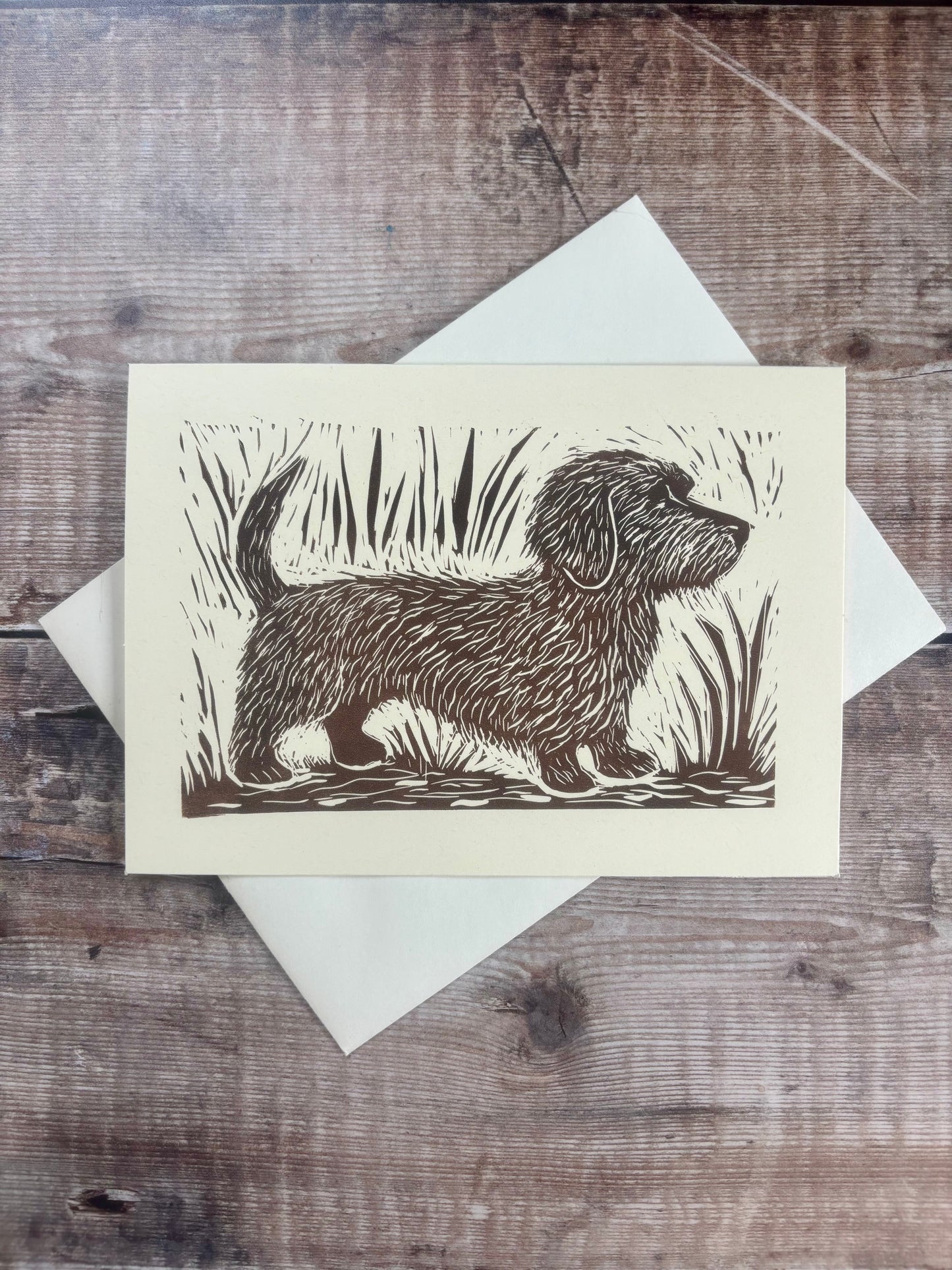 Original Handprinted Linocut Card – Wire haired dachshund