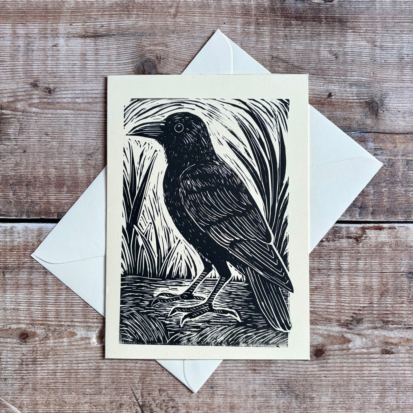 Original Handprinted Linocut Card – Crow