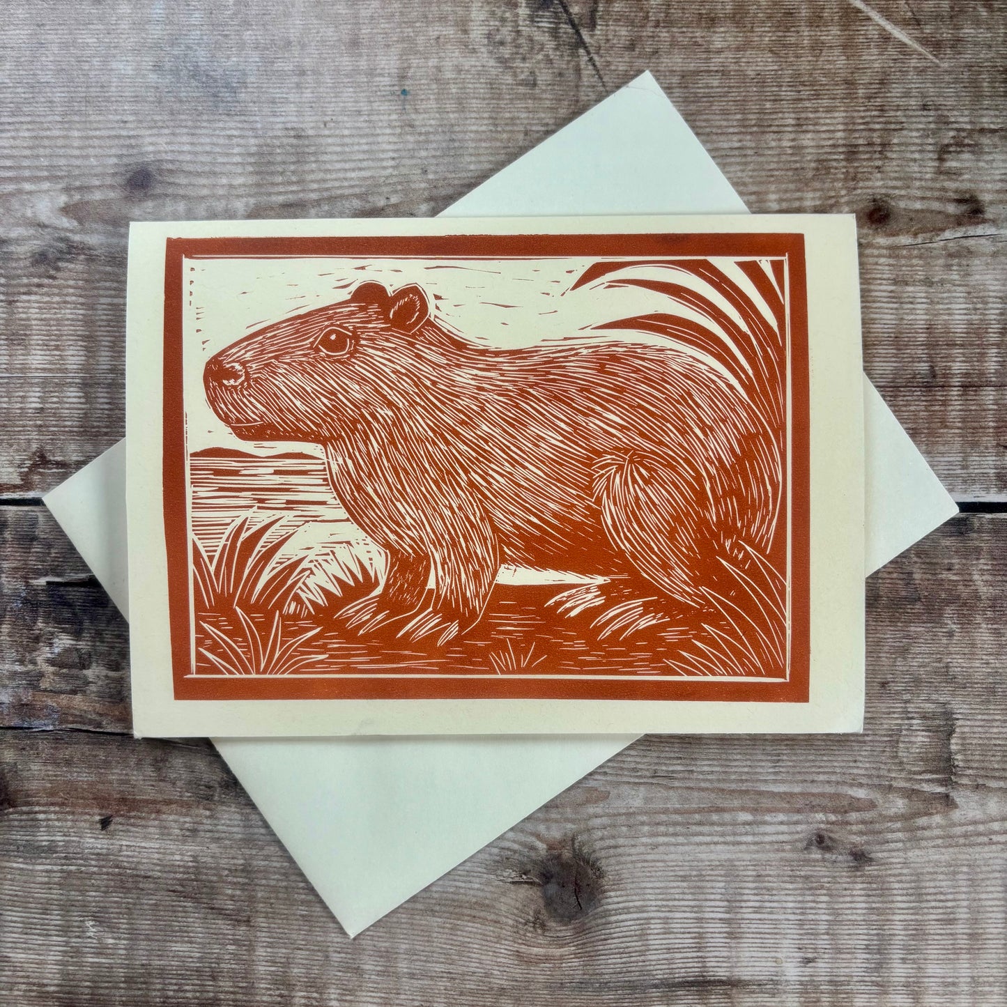 Original Handprinted Linocut Card - Capybara