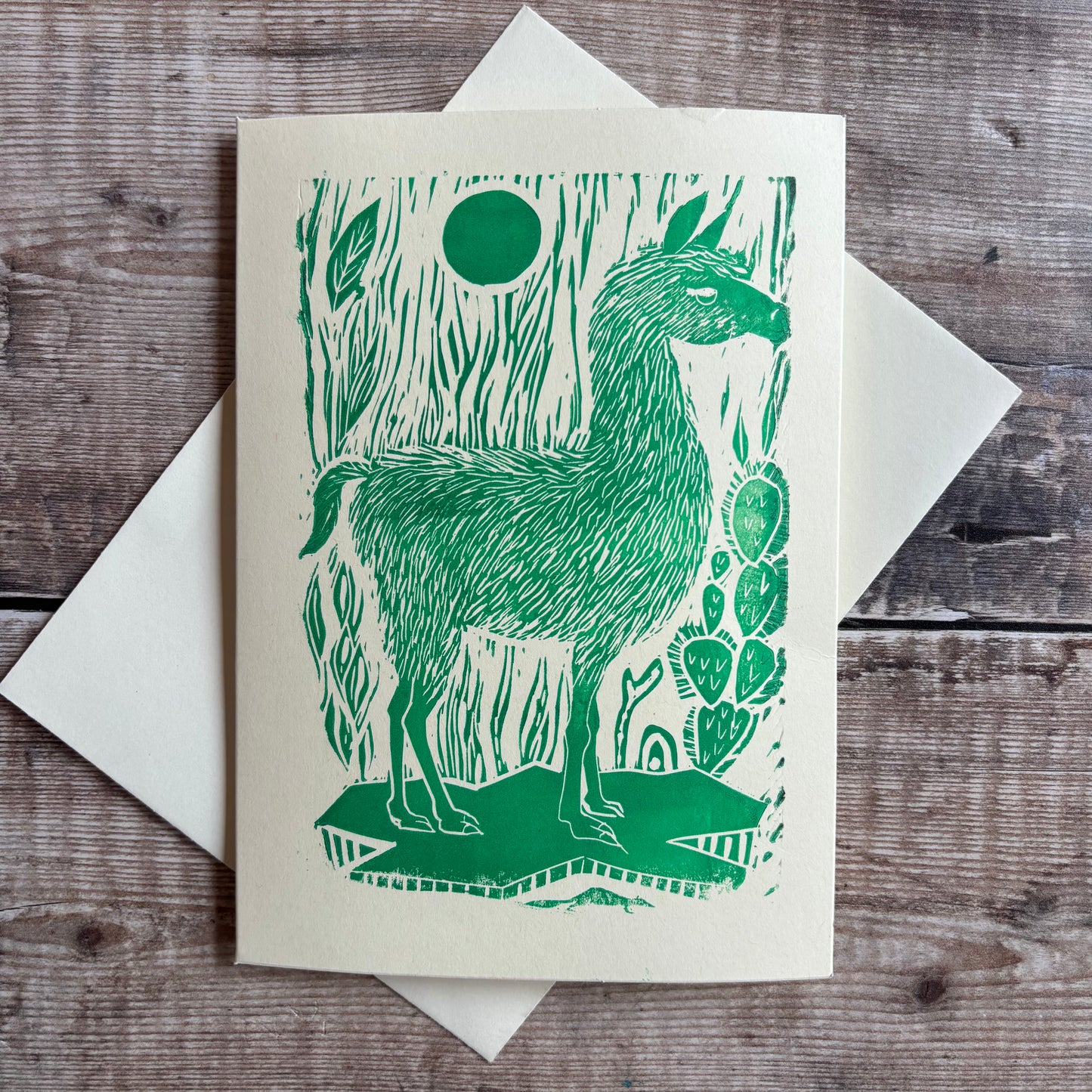 Original Handprinted Linocut Card – Llama