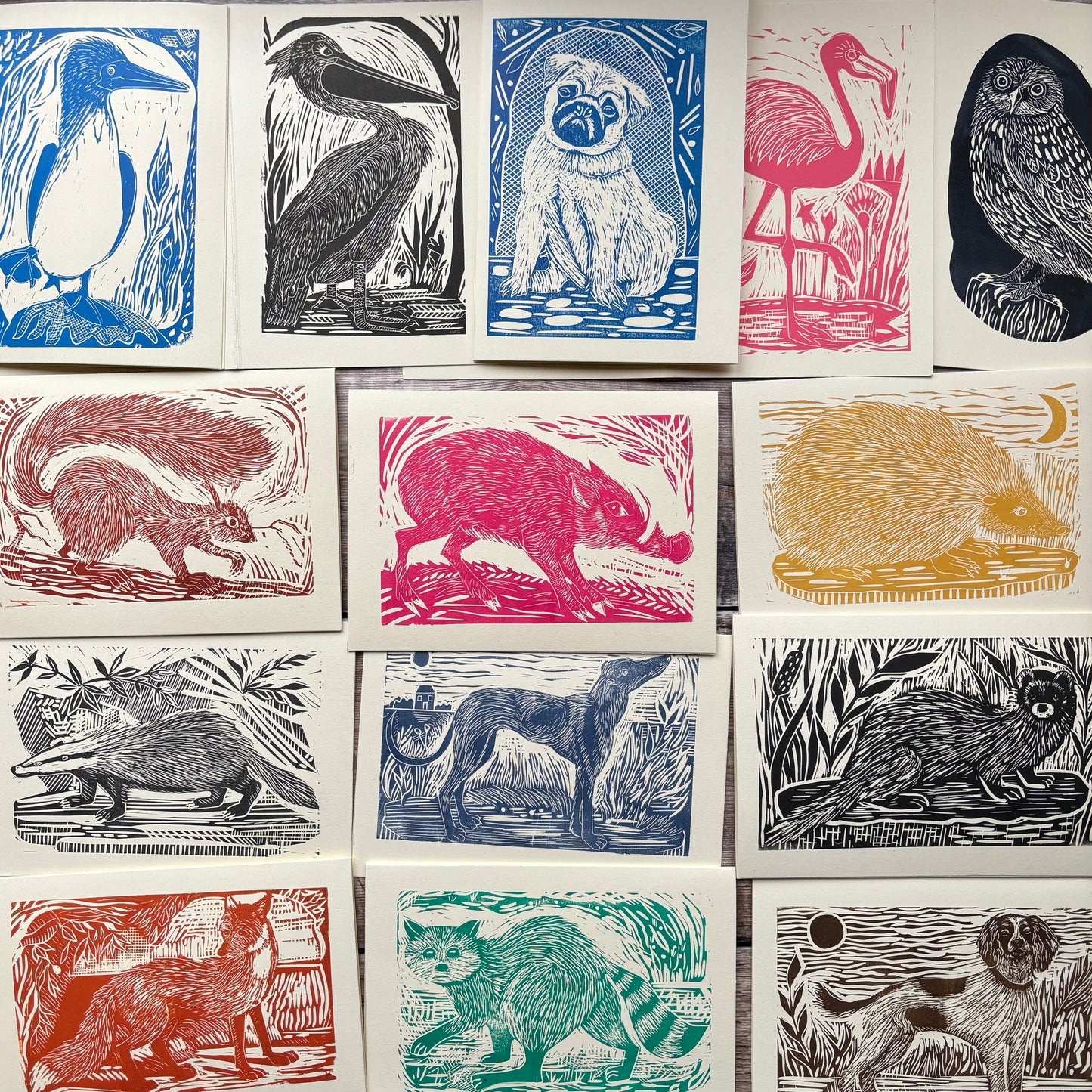ORDER HERE ! Any 3 handprinted linocut animal cards for £13.50