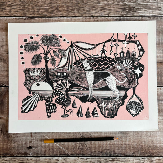 The Whippet, the beach huts & the stripy cat