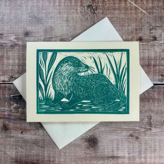 Original Handprinted Linocut Card - Otter