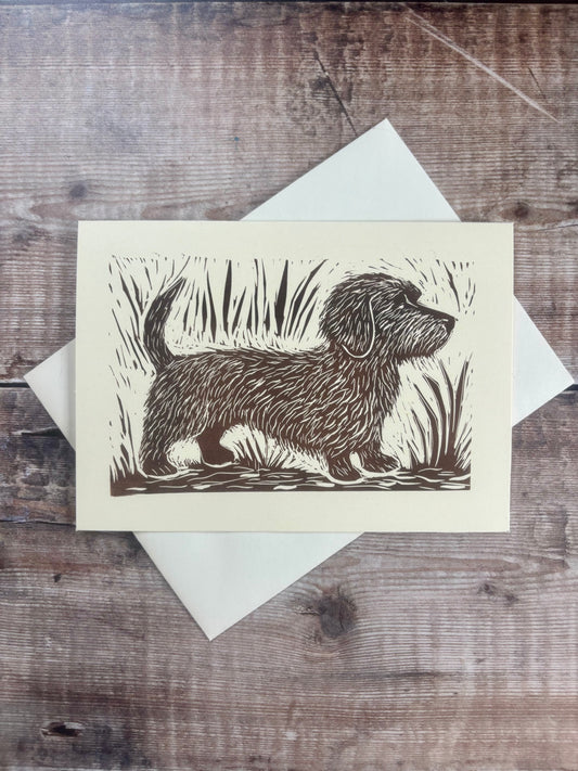 Original Handprinted Linocut Card – Wire haired dachshund