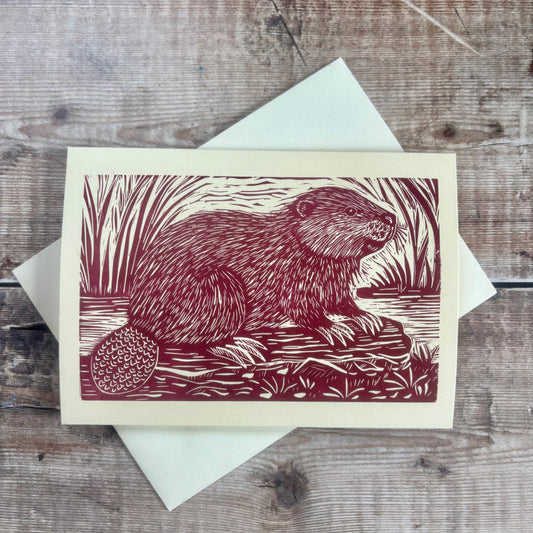 Original Handprinted Linocut Card - Beaver