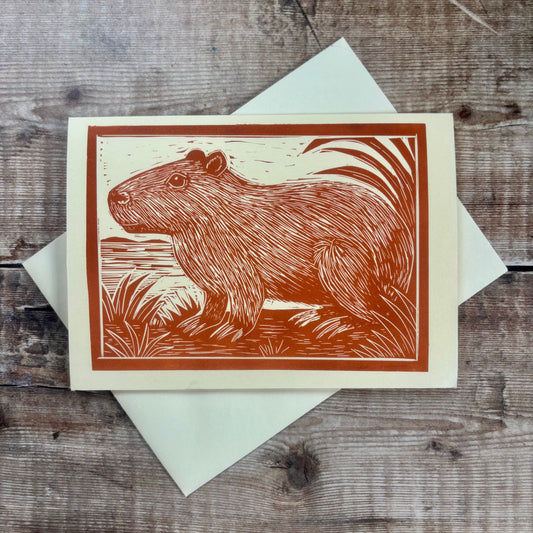Original Handprinted Linocut Card - Capybara