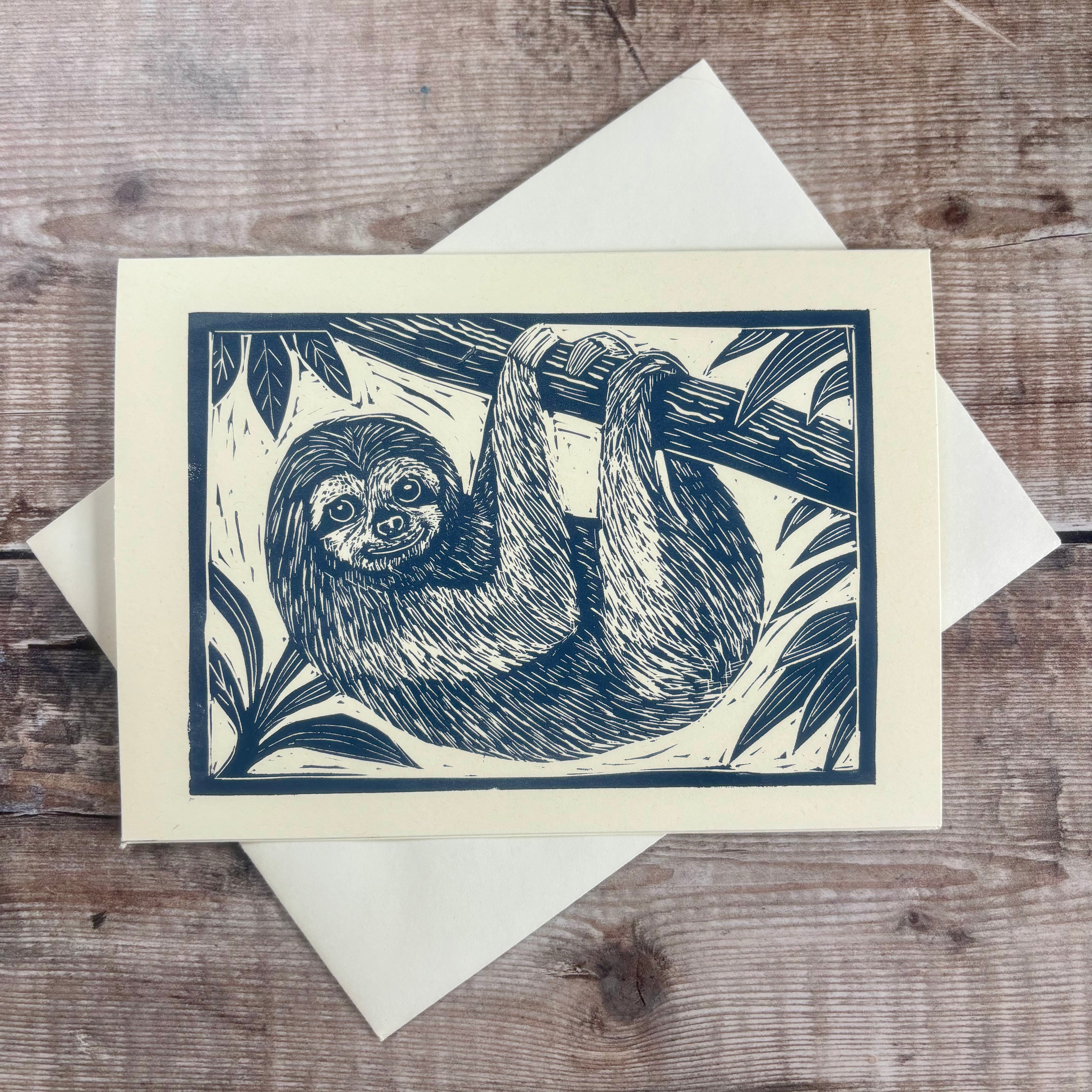 Original Handprinted Linocut Card - Sloth – Sam Marshall Art