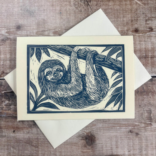 Original Handprinted Linocut Card - Sloth
