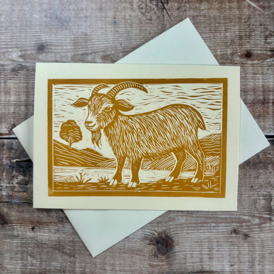 Original Handprinted Linocut Card - Goat
