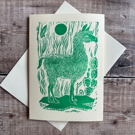 Original Handprinted Linocut Card – Llama