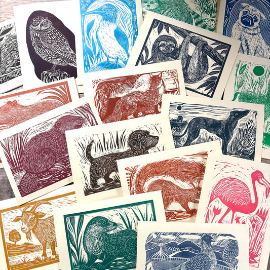 ORDER HERE ! Any 3 handprinted linocut animal cards for £13.50